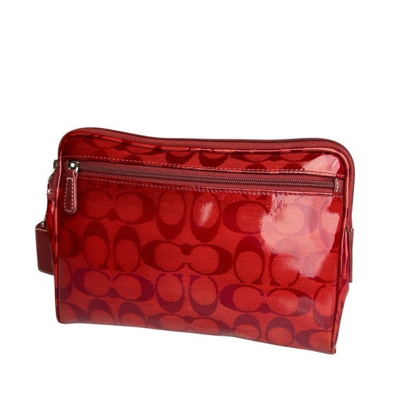 Coach Signature Red Patent Leather Accents Handbag Clutch Make up Case Women’s - Picture 6 of 17